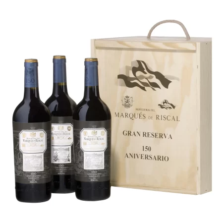 3 botellas de vino Marques de Riscal 150 Aniversario Gran Reserva 2010 Rioja en estuche de madera